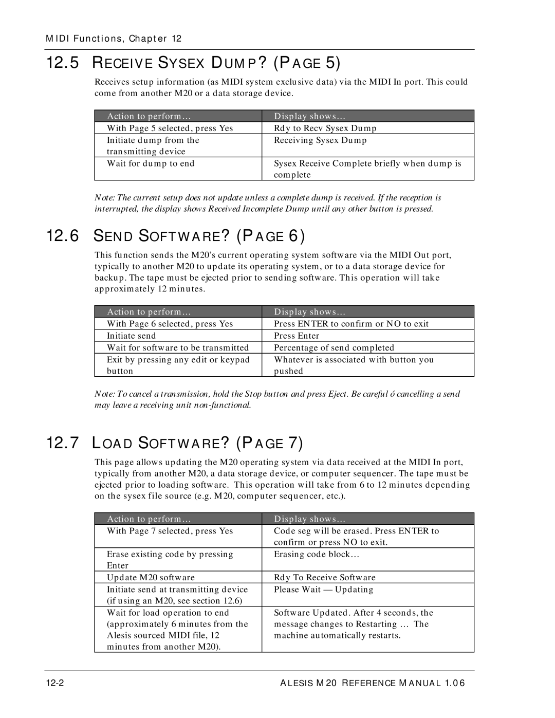 Alesis ALESIS M20 owner manual Receive Sysex DUMP?, Send SOFTWARE?, Load SOFTWARE?, Approximately 12 minutes 