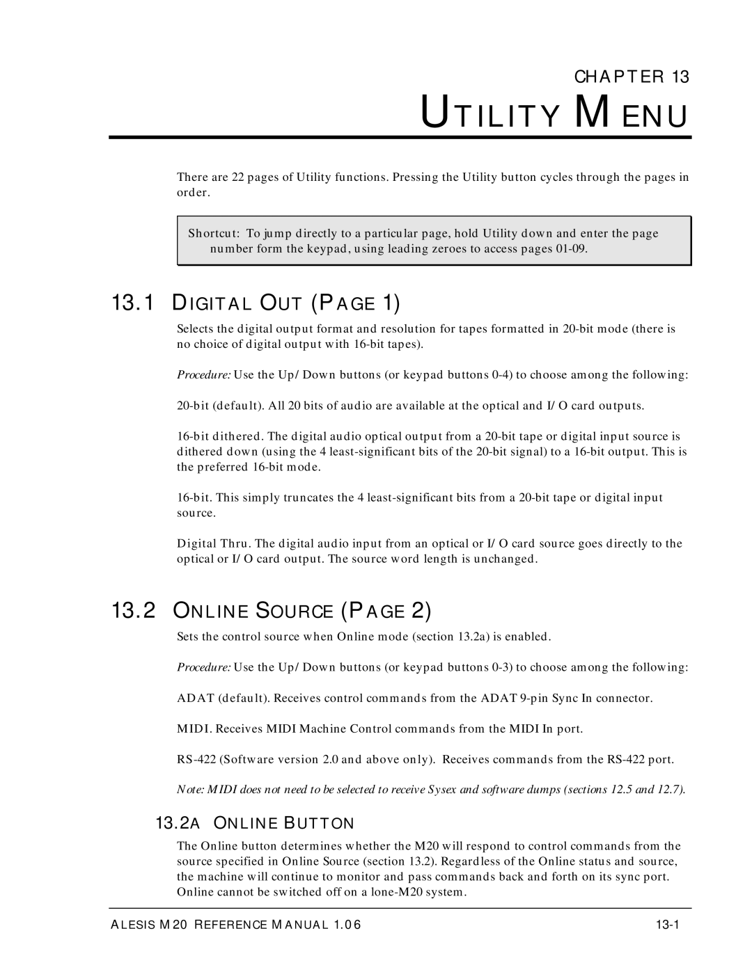 Alesis ALESIS M20 owner manual Utility Menu, Digital OUT, Online Source, 13.2A Online Button, 13-1 