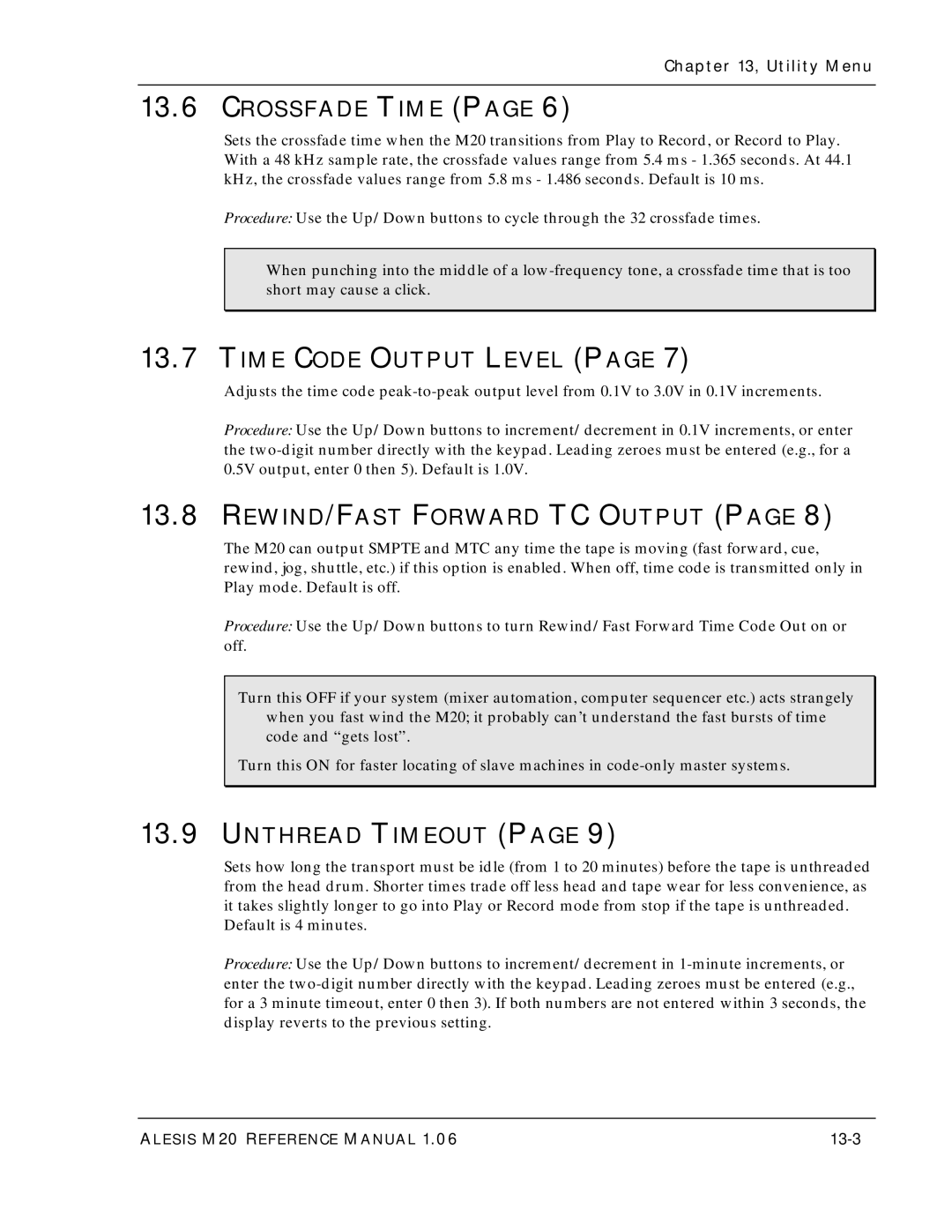 Alesis ALESIS M20 Crossfade Time, Time Code Output Level, REWIND/FAST Forward TC Output, Unthread Timeout, 13-3 
