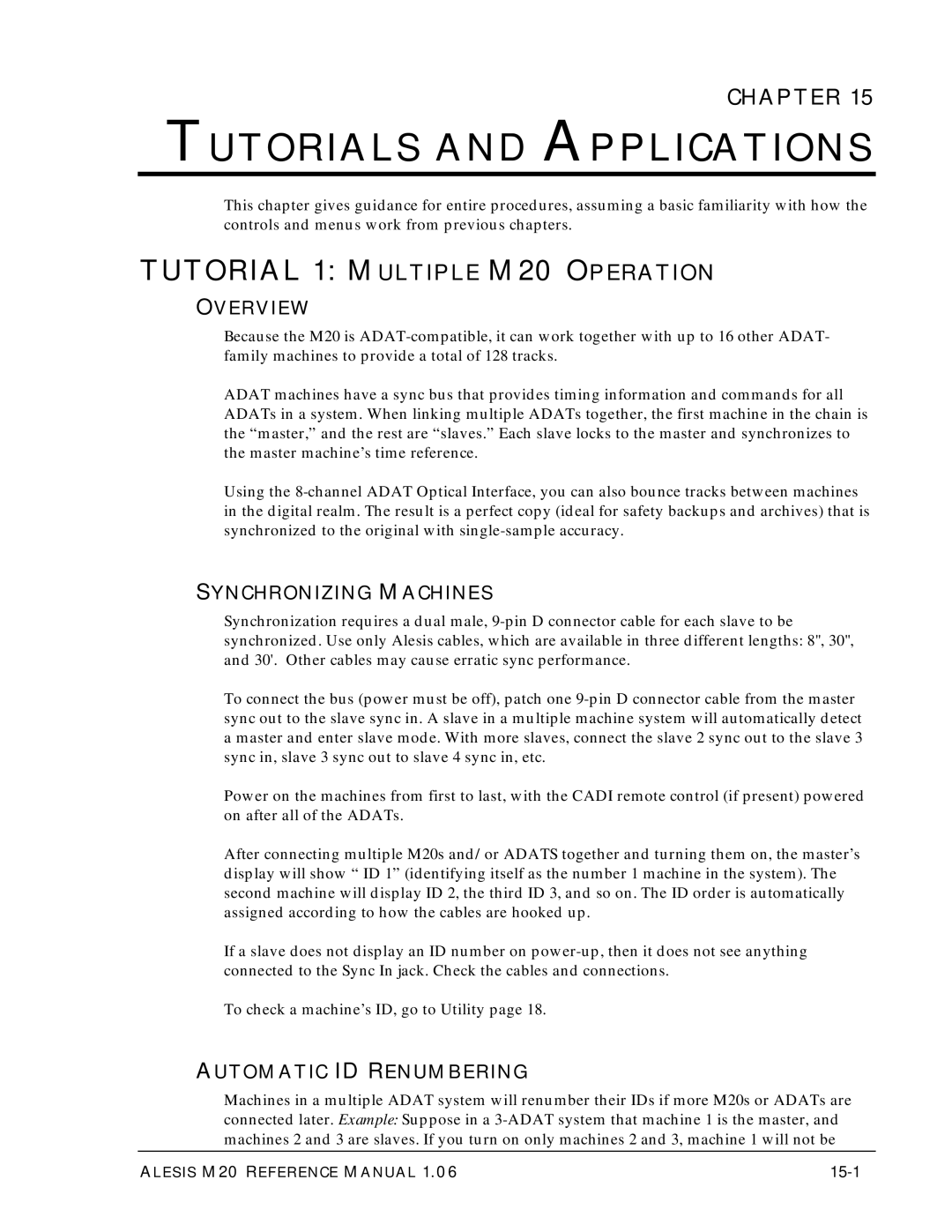 Alesis ALESIS M20 Tutorials and Applications, Tutorial 1 Multiple M20 Operation, Overview, Synchronizing Machines 