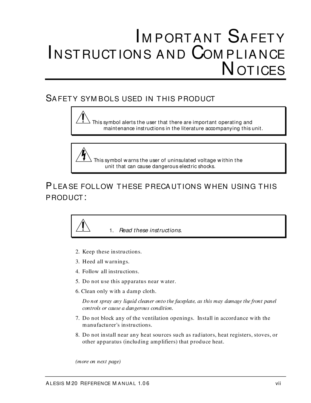 Alesis ALESIS M20 owner manual Important Safety Instructions and Compliance, Safety Symbols Used in this Product 