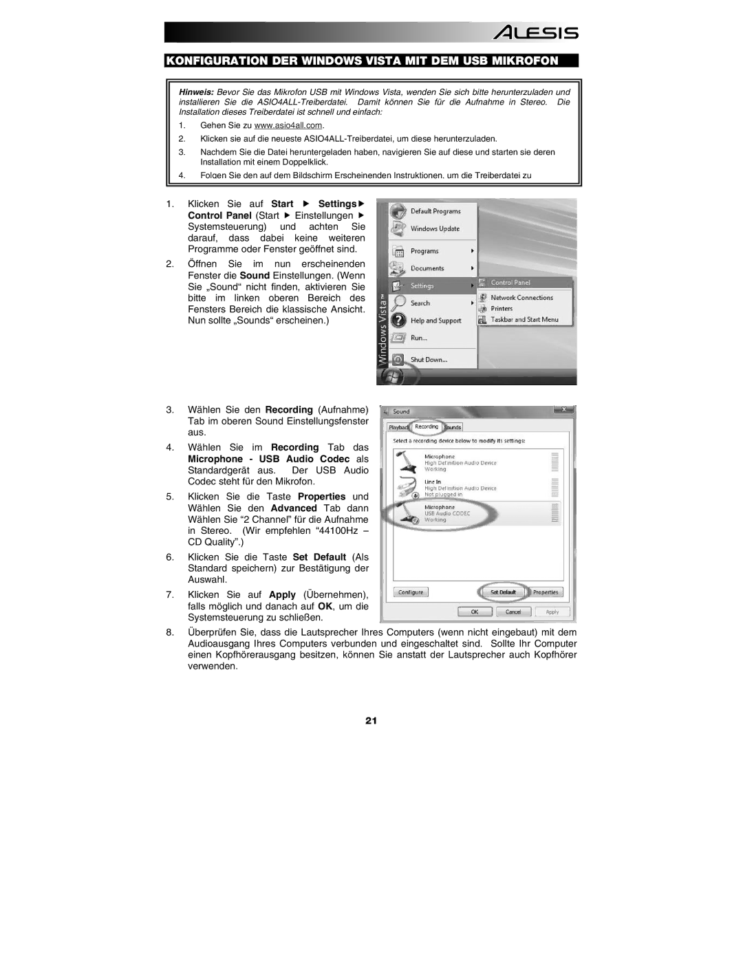 Alesis AM3 quick start Konfiguration DER Windows Vista MIT DEM USB Mikrofon, Start Settings Control Panel Start 