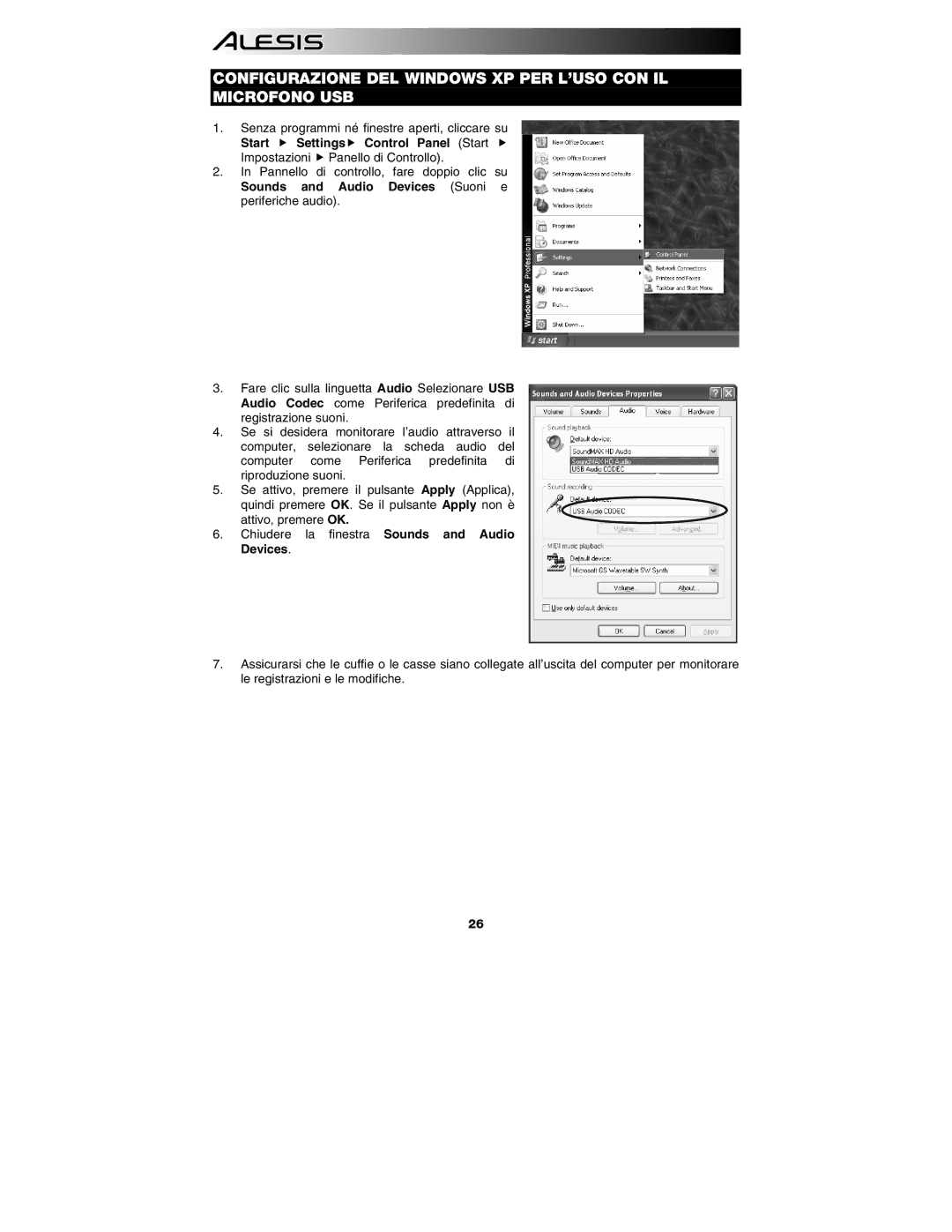 Alesis AM3 quick start Configurazione DEL Windows XP PER L’USO CON IL Microfono USB 