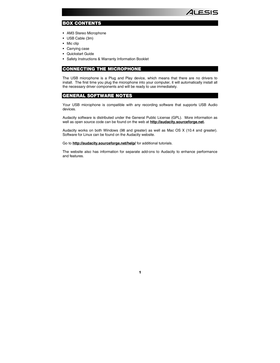 Alesis AM3 quick start BOX Contents, Connecting the Microphone, General Software Notes 