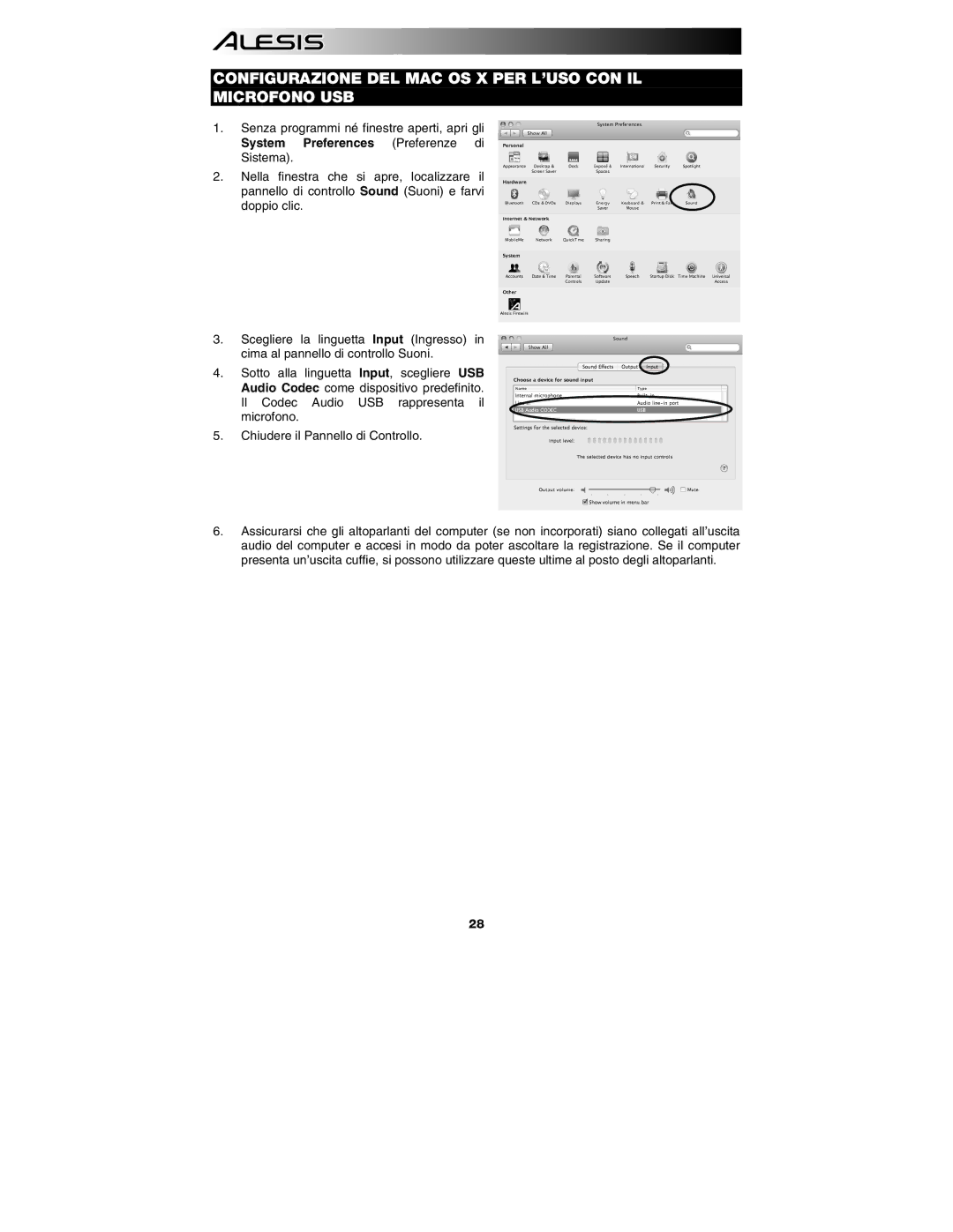 Alesis AM3 quick start Configurazione DEL MAC OS X PER L’USO CON IL Microfono USB 
