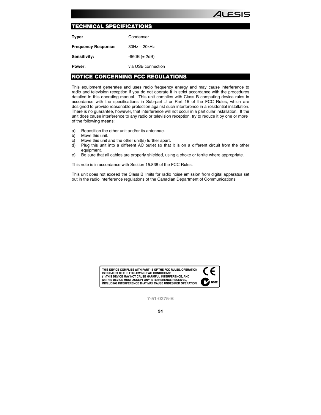 Alesis AM3 quick start Technical Specifications 