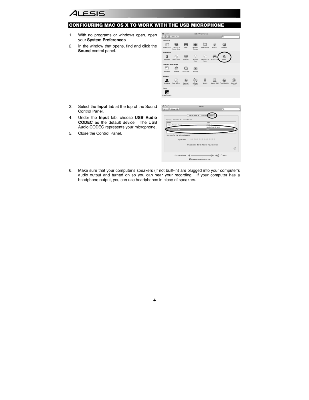 Alesis AM3 quick start Configuring MAC OS X to Work with the USB Microphone 