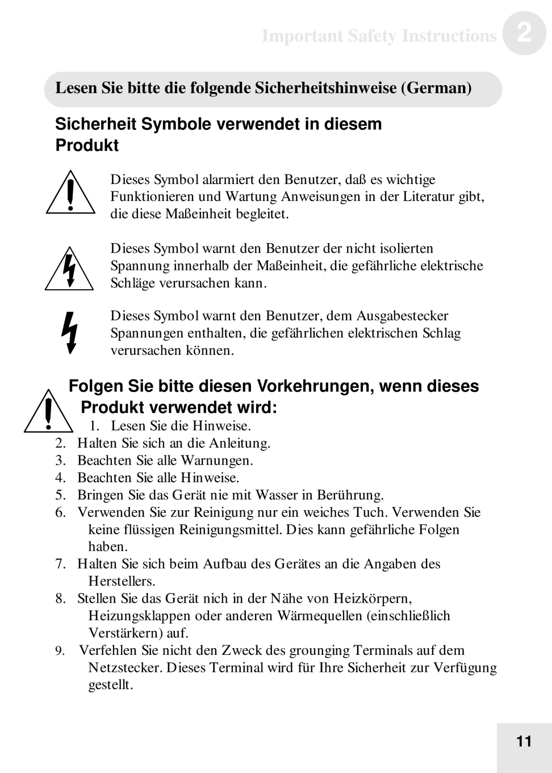 Alesis BassFX Lesen Sie bitte die folgende Sicherheitshinweise German, Sicherheit Symbole verwendet in diesem Produkt 