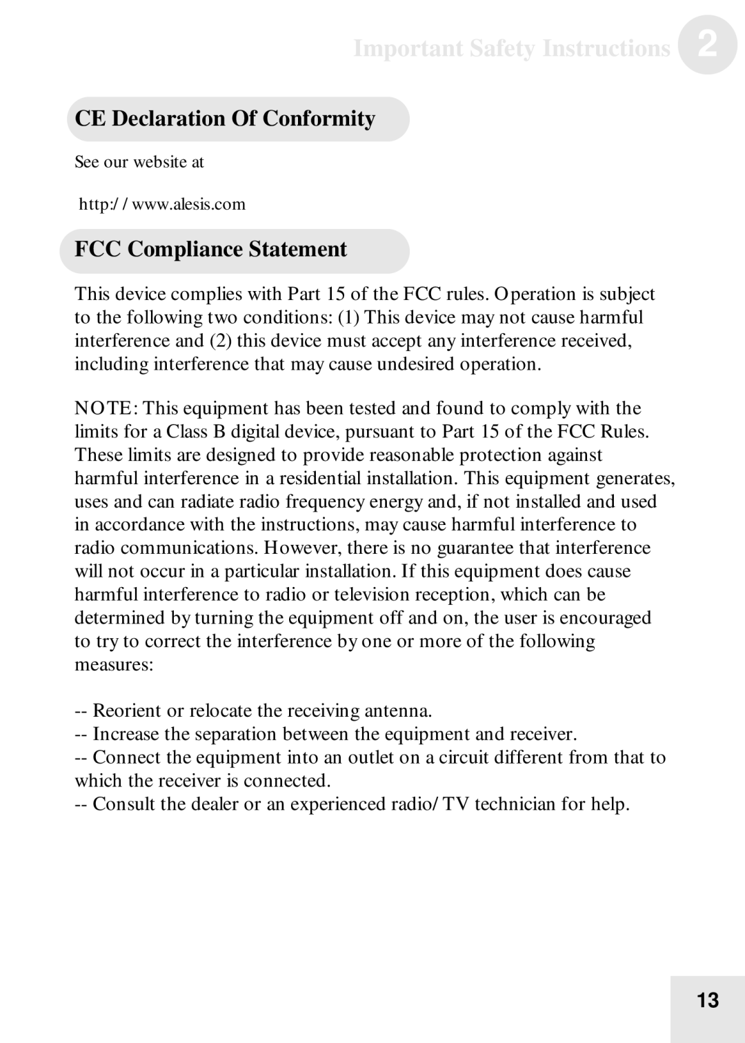 Alesis BassFX user manual CE Declaration Of Conformity, FCC Compliance Statement 