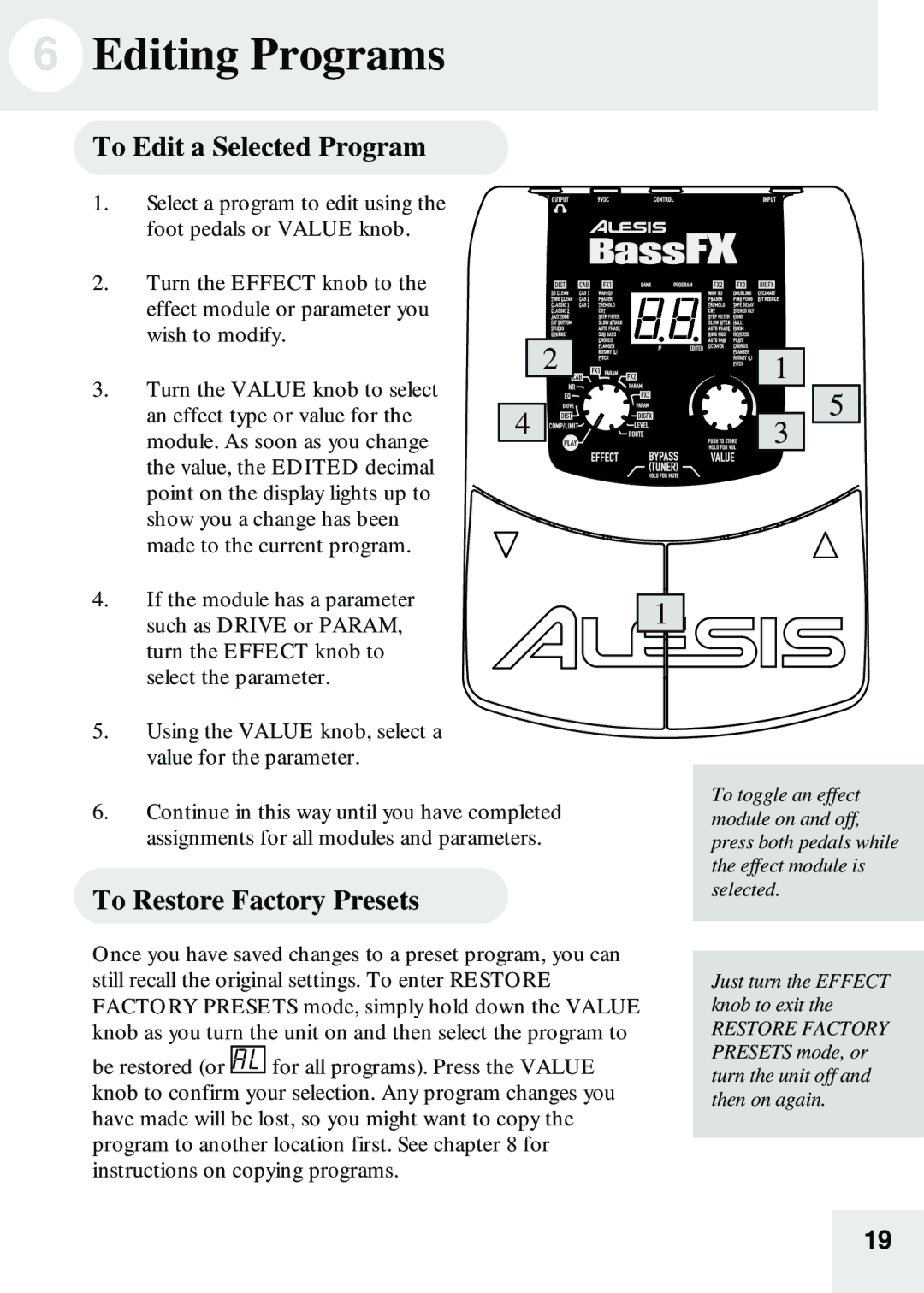 Alesis BassFX user manual Editing Programs, To Edit a Selected Program, To Restore Factory Presets 