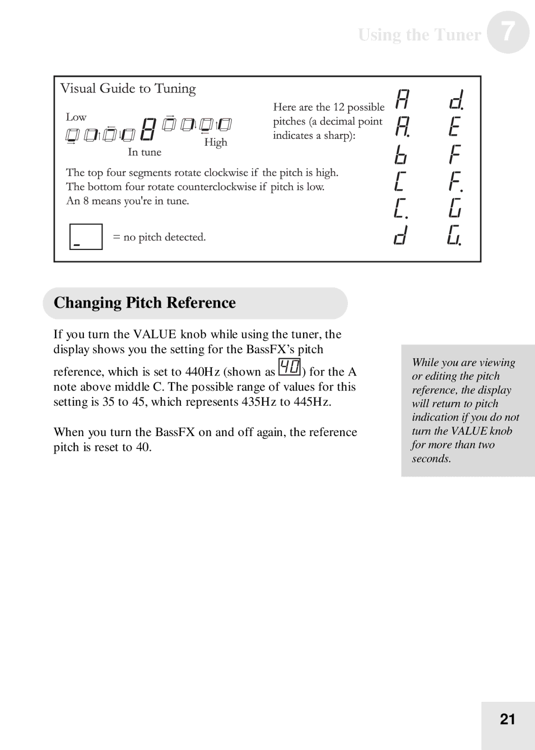 Alesis BassFX user manual Using the Tuner, Changing Pitch Reference 