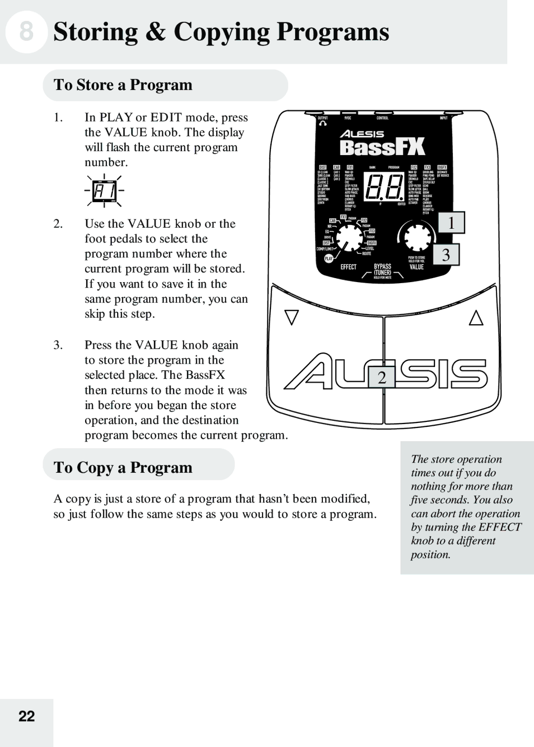 Alesis BassFX user manual Storing & Copying Programs, To Store a Program, To Copy a Program 