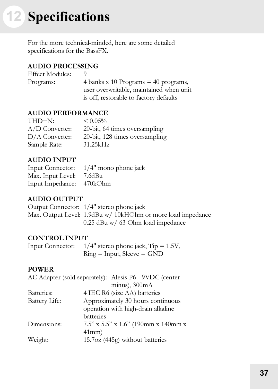 Alesis BassFX user manual Specifications, Audio Processing 