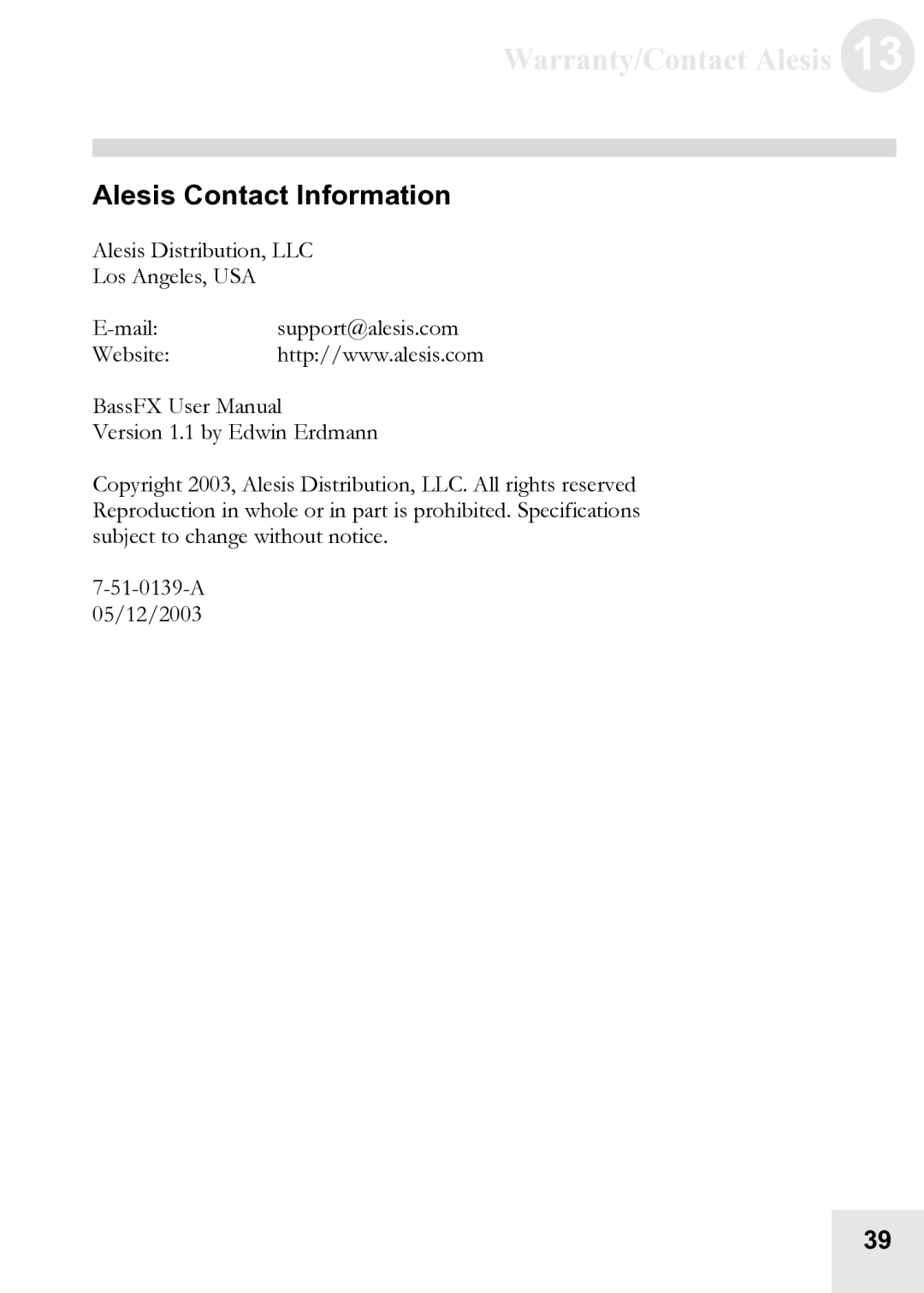 Alesis BassFX user manual Warranty/Contact Alesis, Alesis Contact Information 