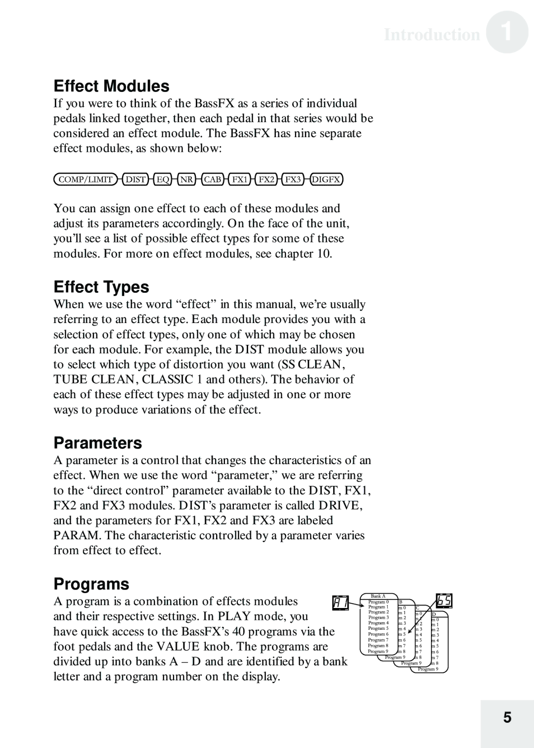 Alesis BassFX user manual Effect Modules, Effect Types, Parameters, Programs 