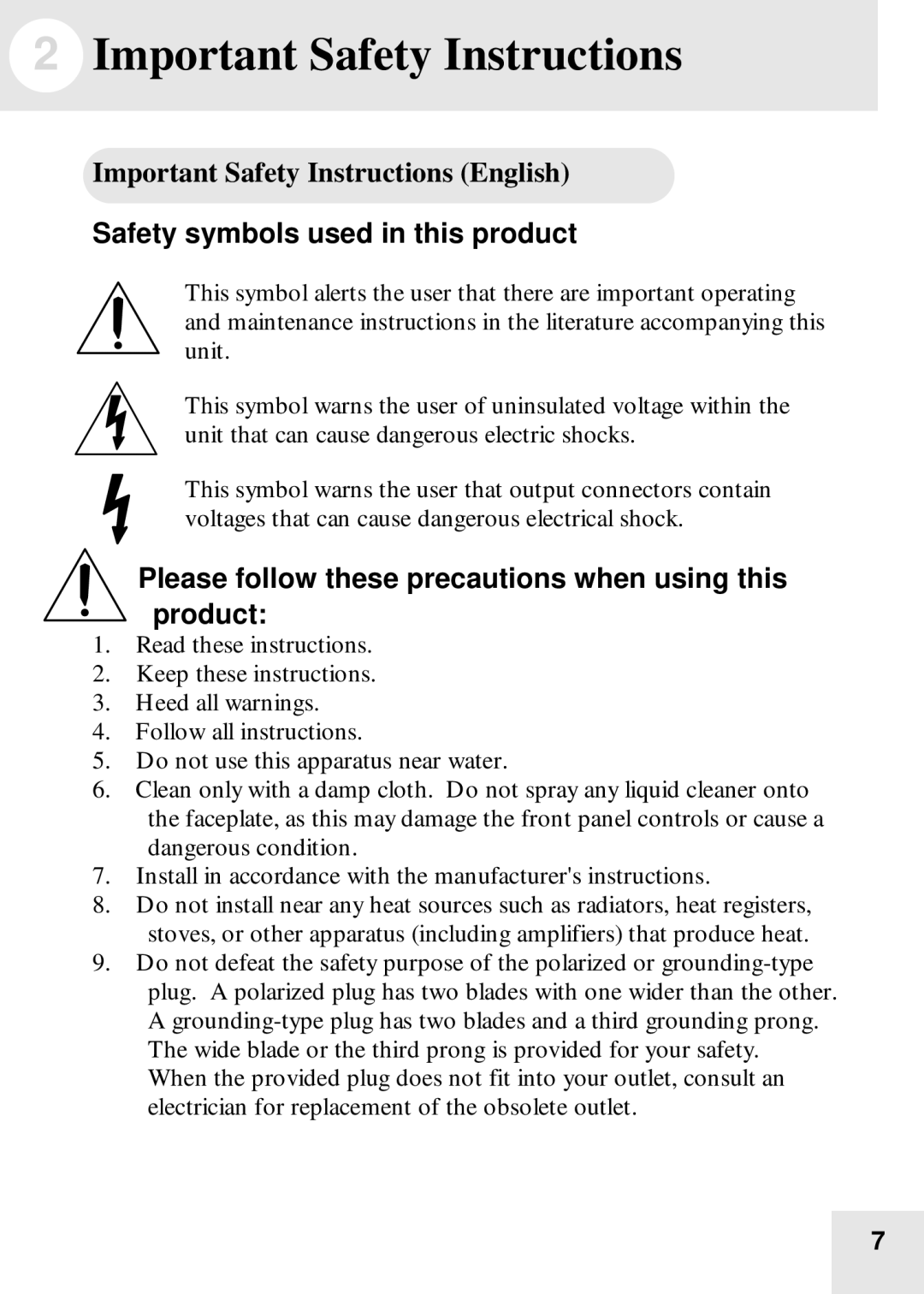 Alesis BassFX user manual Important Safety Instructions English, Safety symbols used in this product 