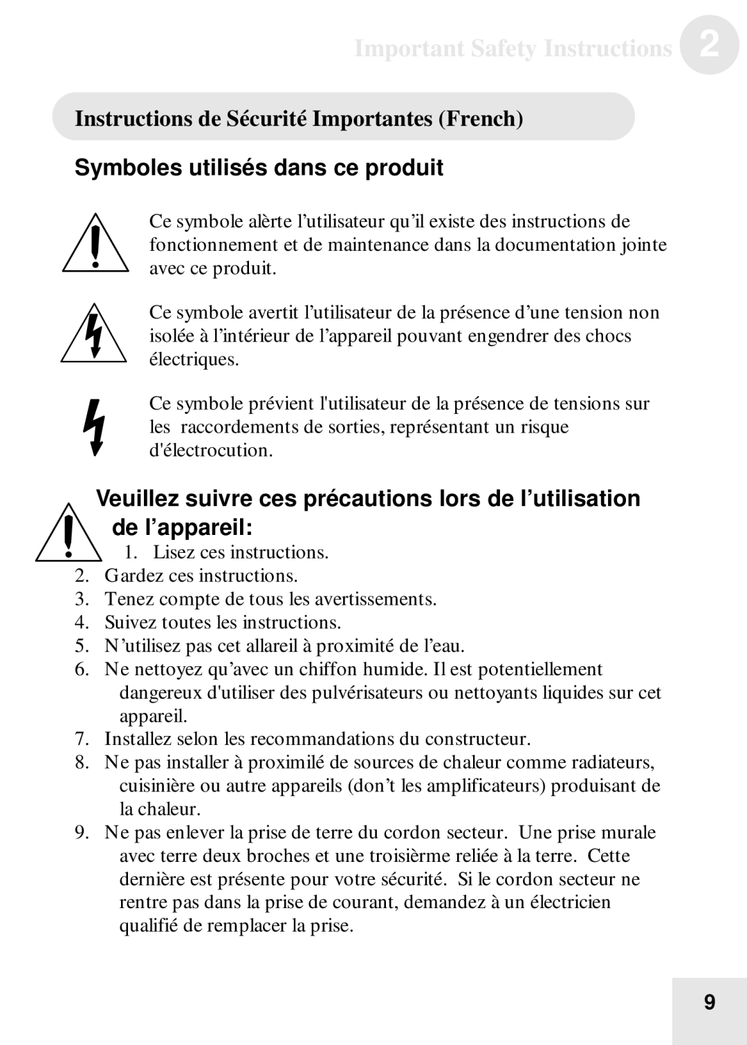 Alesis BassFX user manual Instructions de Sécurité Importantes French, Symboles utilisés dans ce produit 