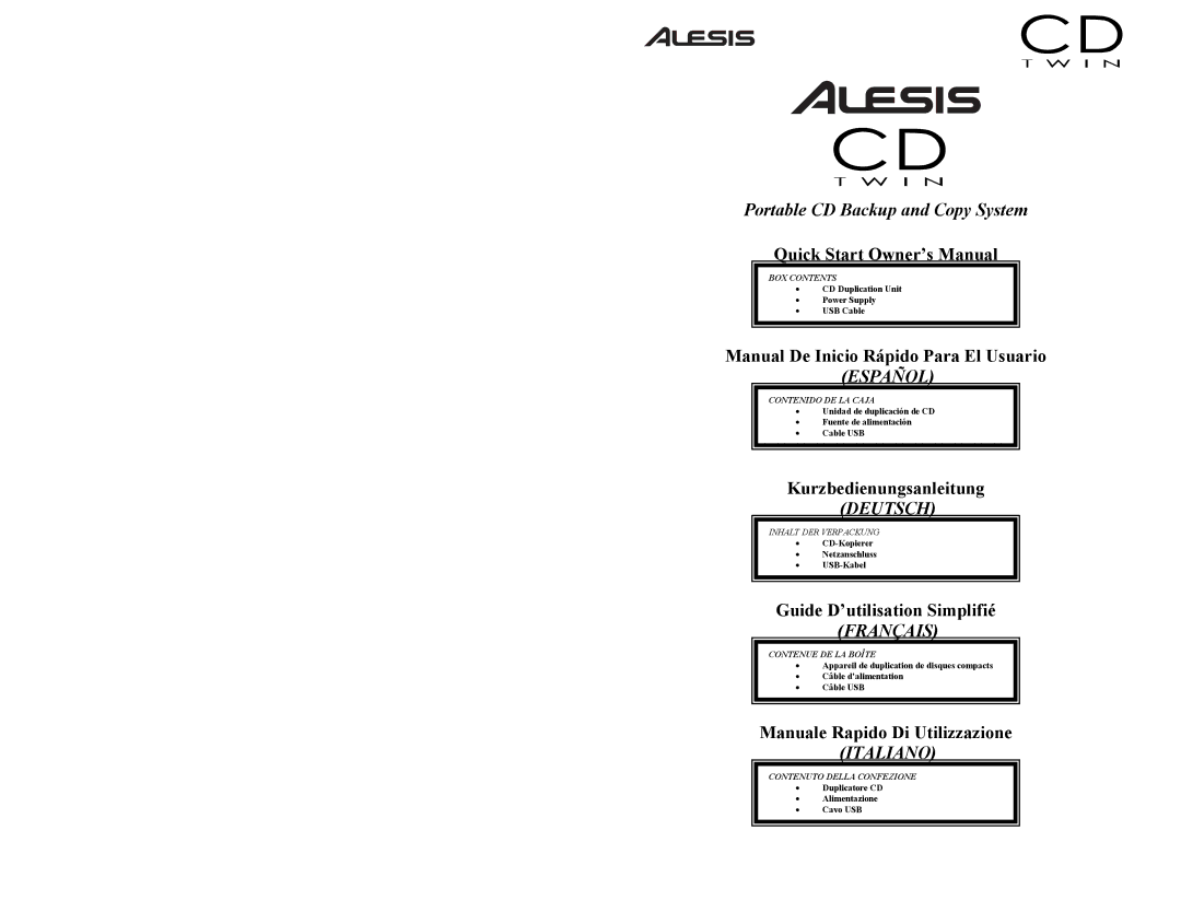 Alesis CD Twin Portable CD Backup and Copy System quick start Deutsch 