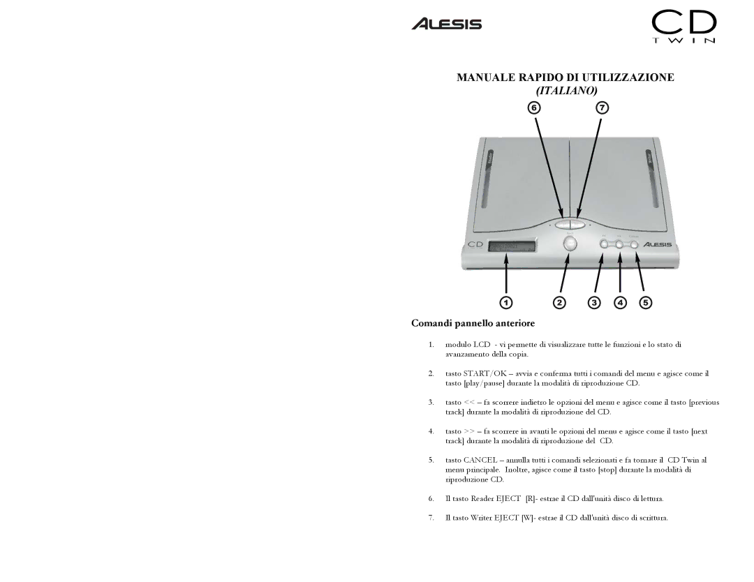 Alesis CD Twin Portable CD Backup and Copy System quick start Comandi pannello anteriore 