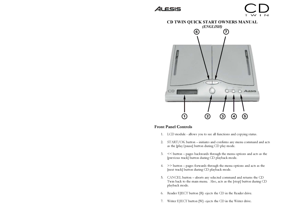 Alesis CD Twin Portable CD Backup and Copy System quick start Front Panel Controls 