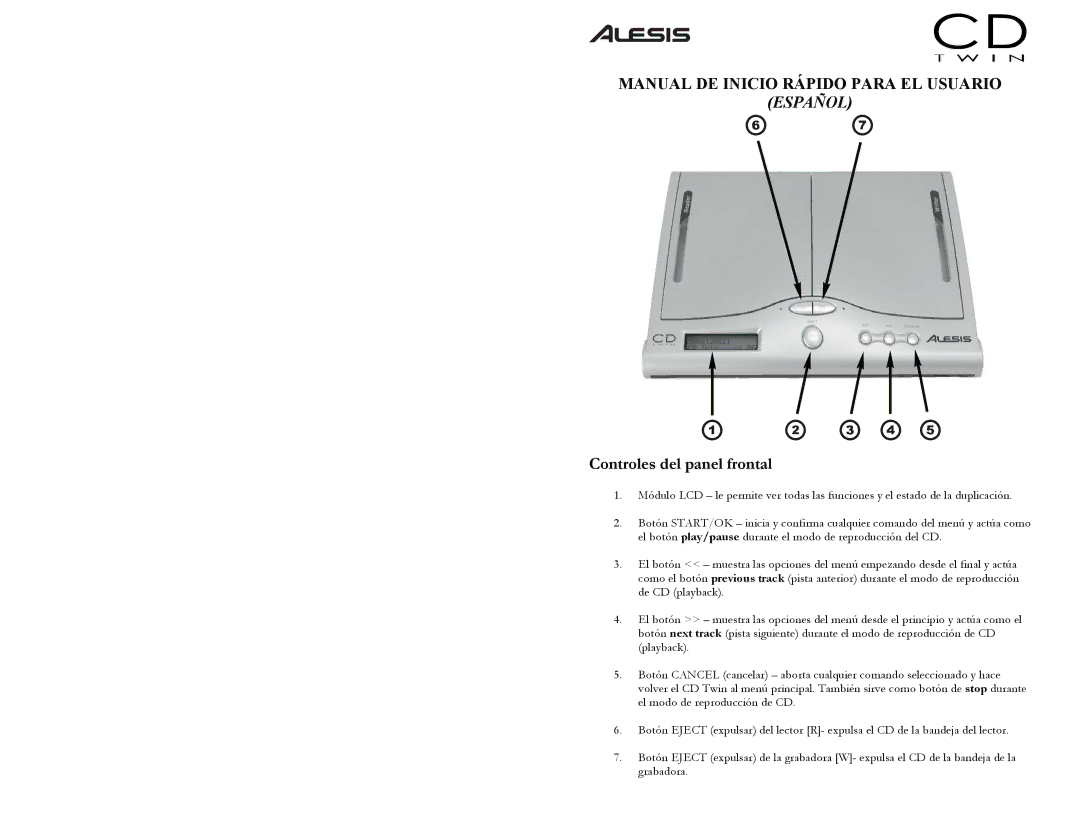 Alesis CD Twin Portable CD Backup and Copy System quick start Controles del panel frontal 