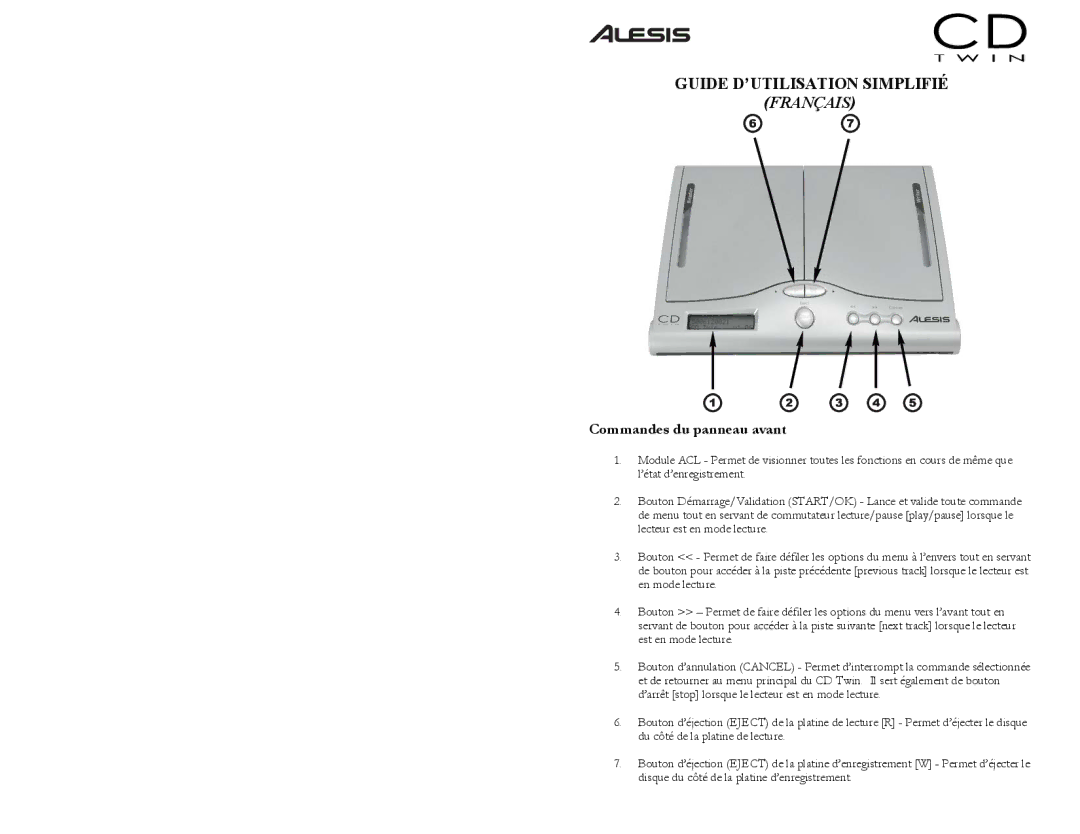 Alesis CD Twin Portable CD Backup and Copy System quick start Commandes du panneau avant 