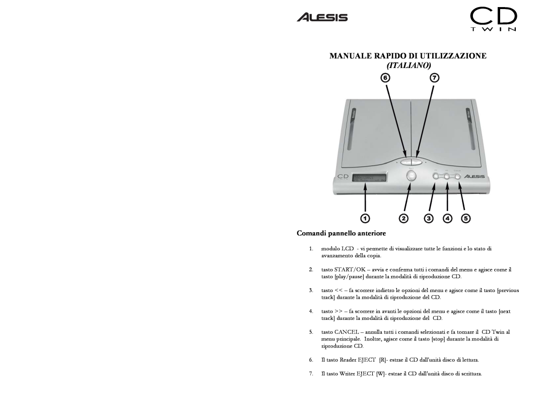 Alesis CD Twin Portable CD Backup and Copy System Manuale Rapido Di Utilizzazione, Comandi pannello anteriore, Italiano 