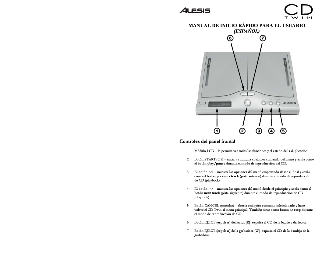 Alesis CD Twin Portable CD Backup and Copy System Manual De Inicio Rápido Para El Usuario, Controles del panel frontal 