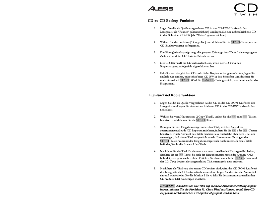 Alesis CD Twin Portable CD Backup and Copy System quick start CD-zu-CD Backup-Funktion, Titel-für-TitelKopierfunktion 