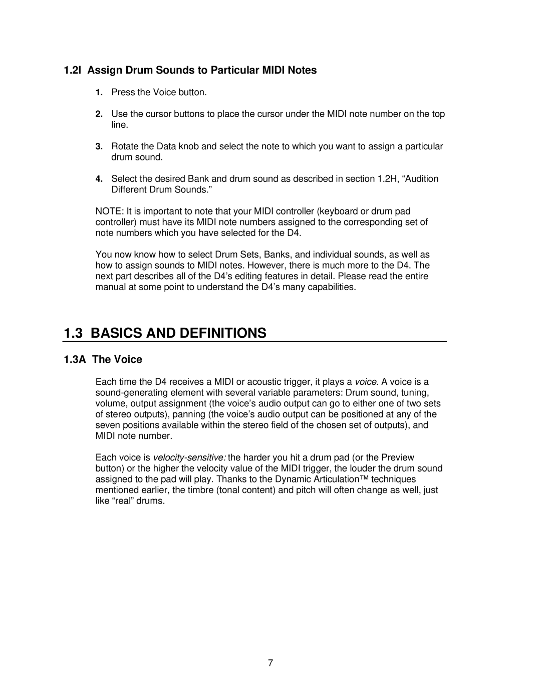 Alesis D4 manual 2I Assign Drum Sounds to Particular Midi Notes, 3A The Voice 