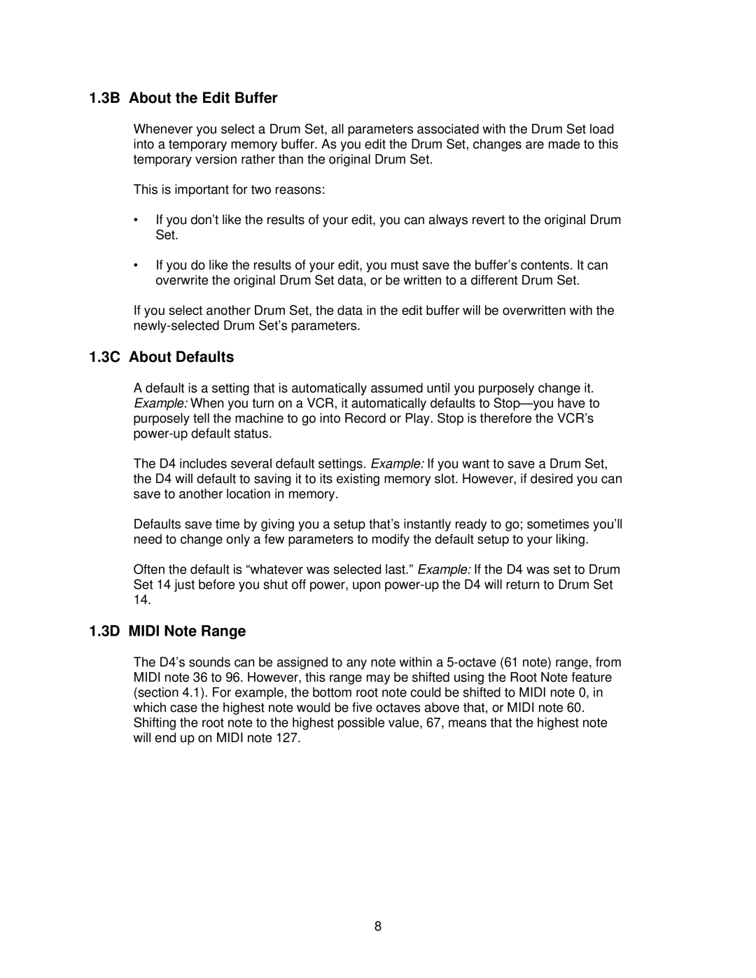 Alesis D4 manual 3B About the Edit Buffer, 3C About Defaults, 3D Midi Note Range 