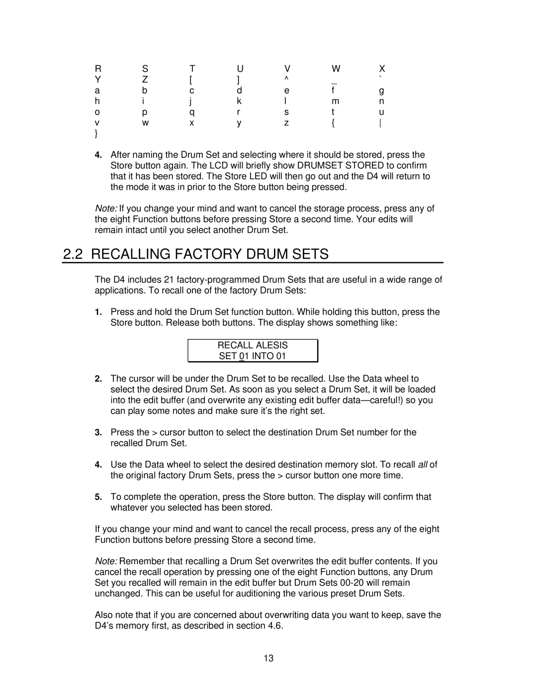 Alesis D4 manual Recalling Factory Drum Sets, Recall Alesis 