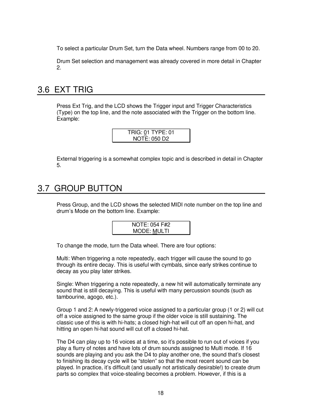 Alesis D4 manual EXT Trig, Group Button, Mode Multi 