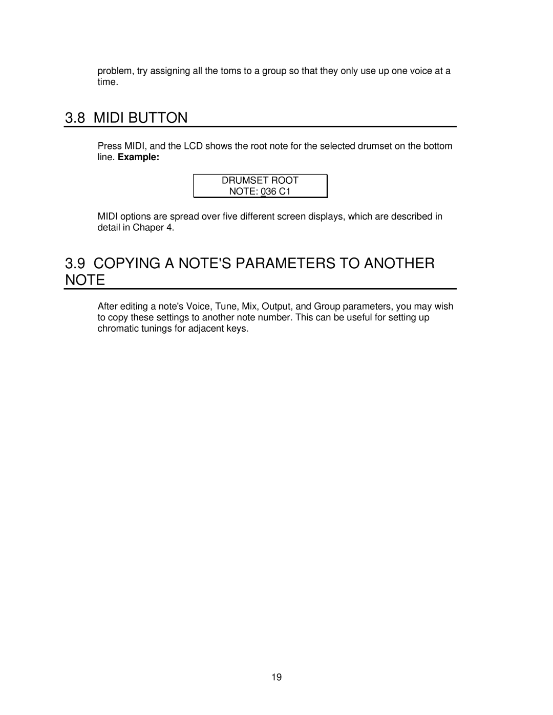 Alesis D4 manual Midi Button, Copying a Notes Parameters to Another Note, Drumset Root 