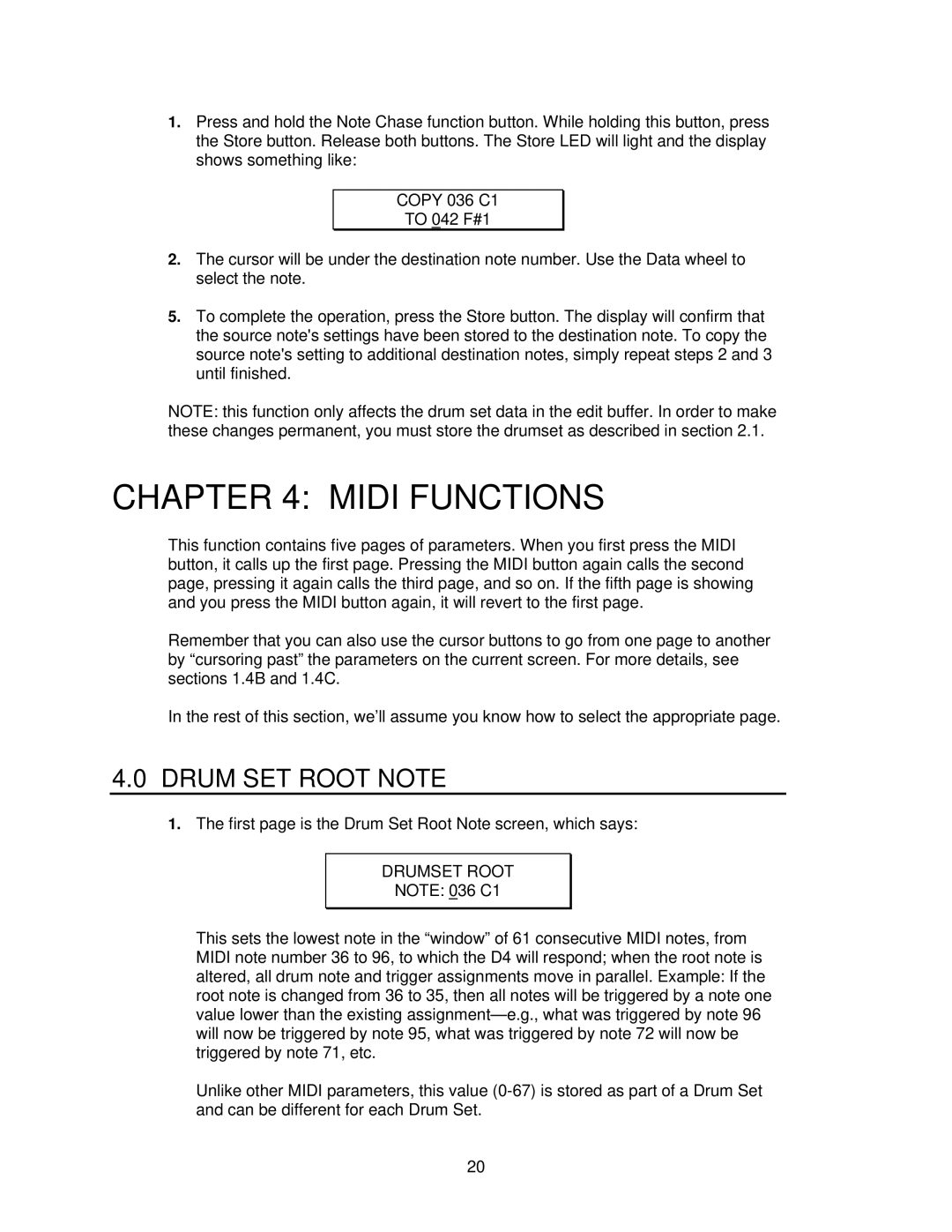 Alesis D4 manual Midi Functions, Drum SET Root Note 