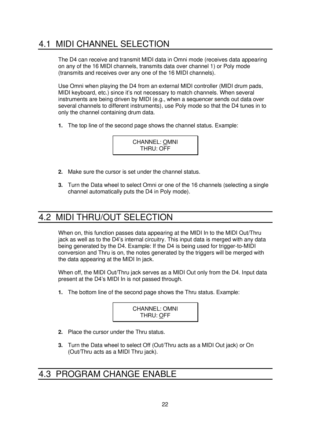 Alesis D4 manual Midi Channel Selection, Midi THRU/OUT Selection, Program Change Enable, Channel Omni Thru OFF 
