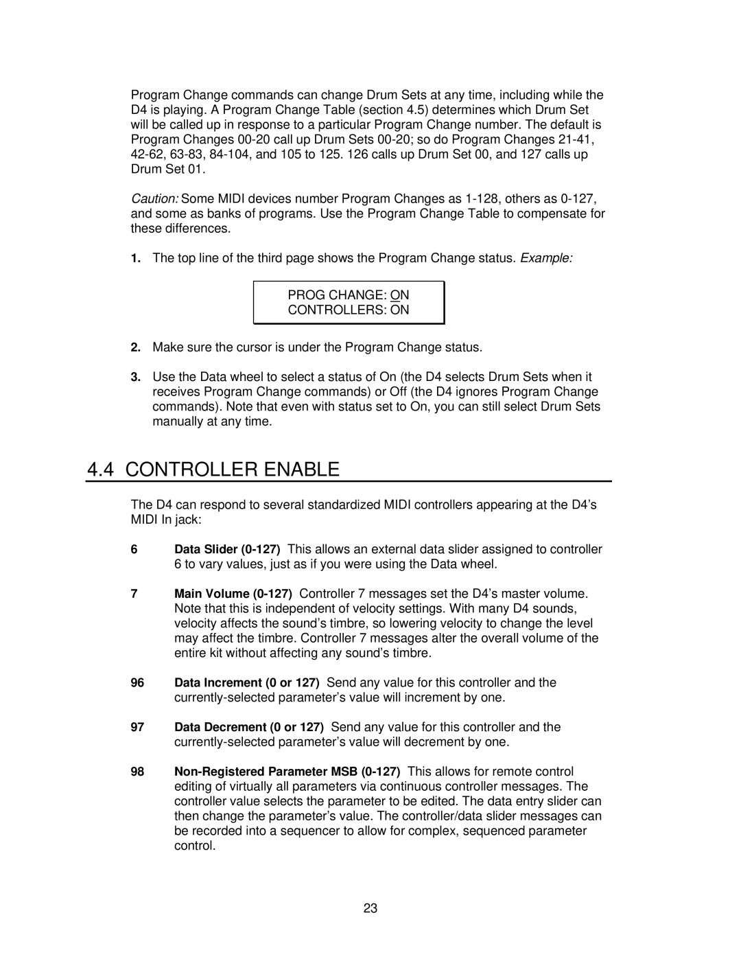 Alesis D4 manual Controller Enable, Prog Change on Controllers on 