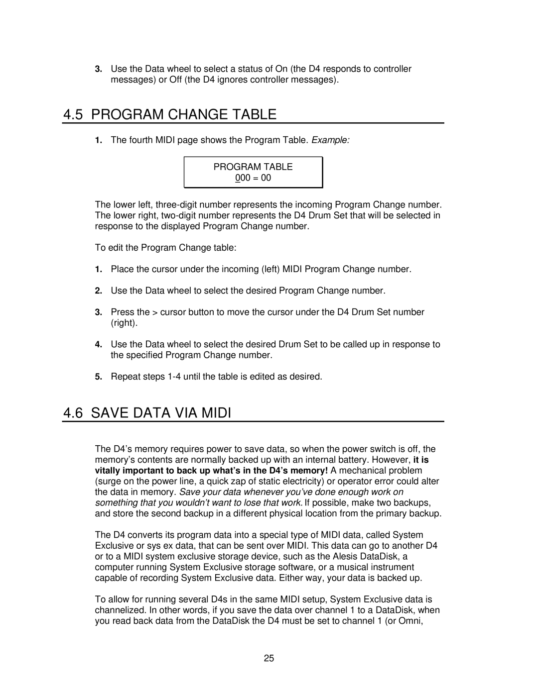 Alesis D4 manual Program Change Table, Save Data VIA Midi, Program Table 