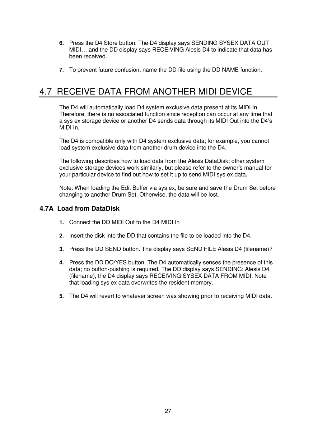 Alesis D4 manual Receive Data from Another Midi Device, 7A Load from DataDisk 