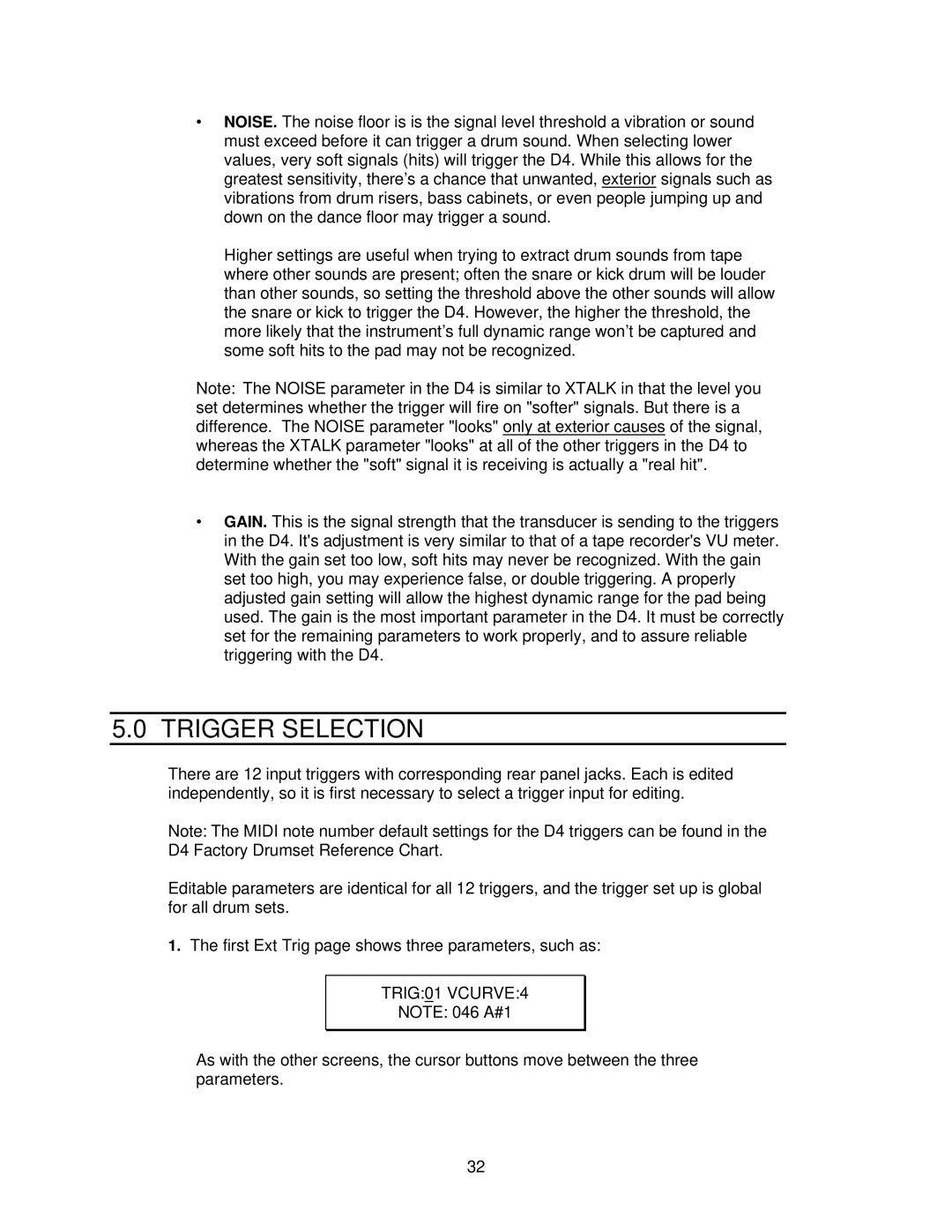 Alesis D4 manual Trigger Selection, TRIG01 VCURVE4 