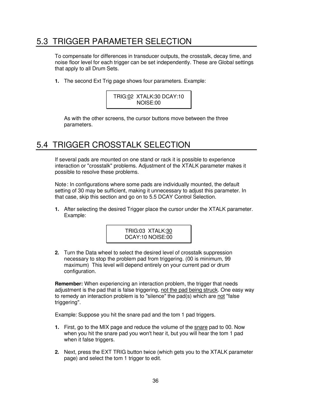 Alesis D4 manual Trigger Parameter Selection, Trigger Crosstalk Selection, TRIG02 XTALK30 DCAY10 NOISE00 