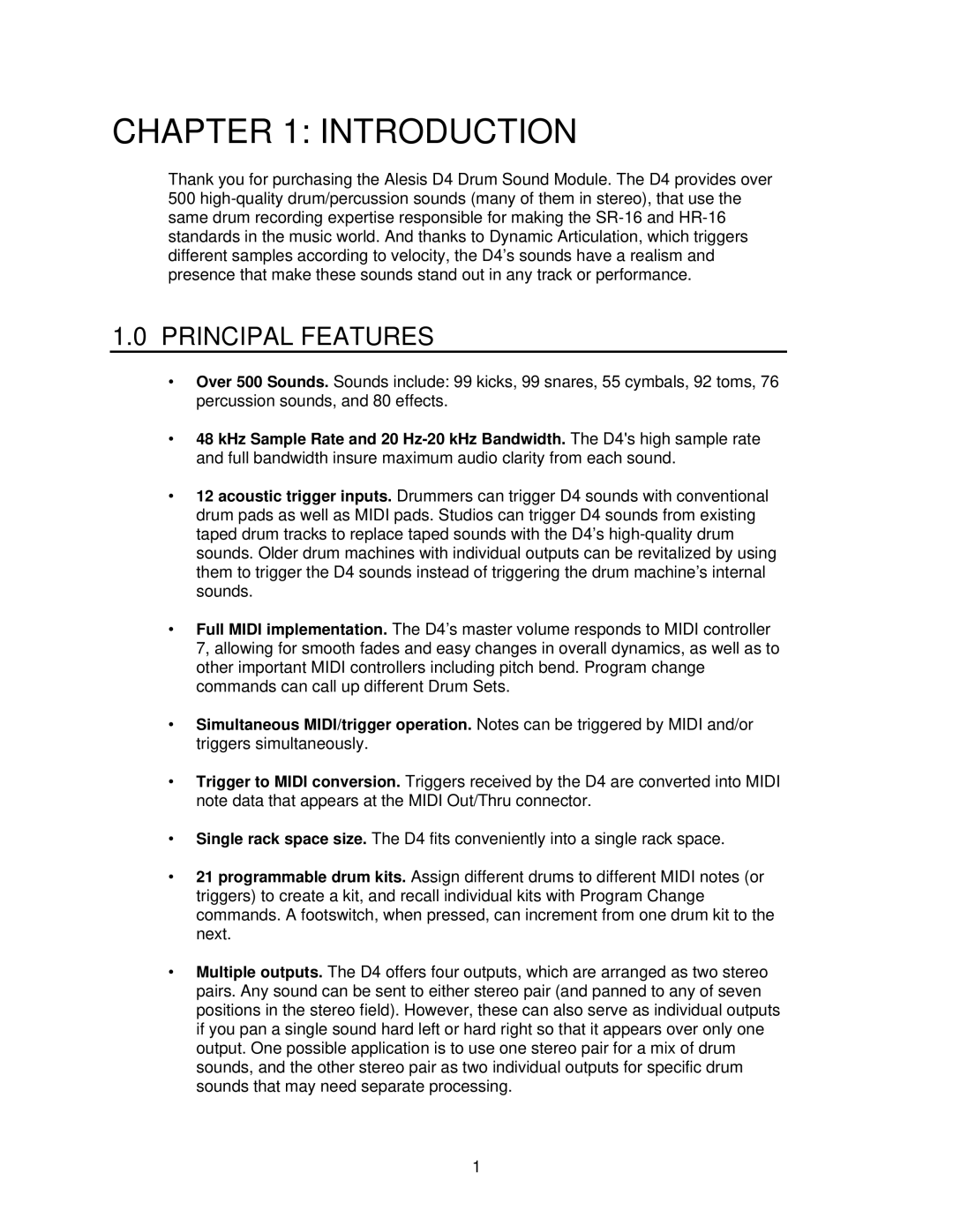 Alesis D4 manual Introduction, Principal Features 