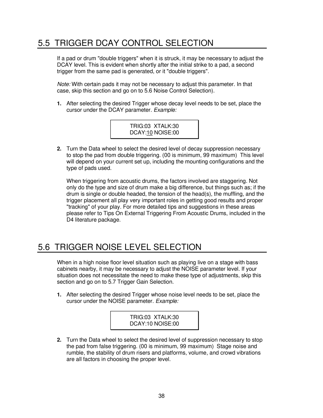 Alesis D4 manual Trigger Dcay Control Selection, Trigger Noise Level Selection 