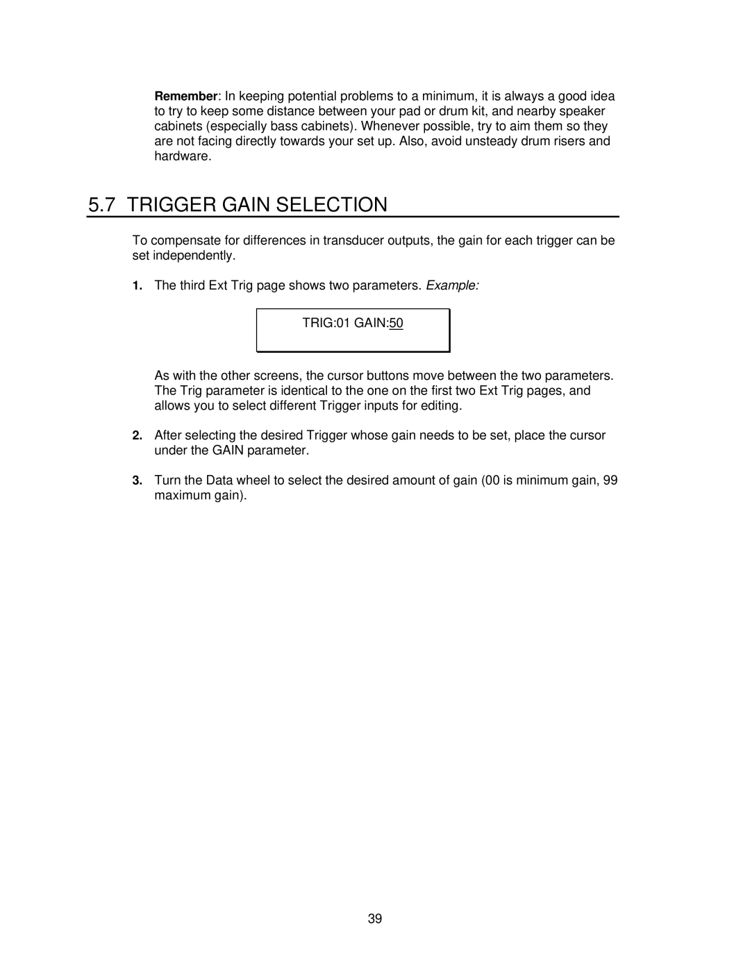 Alesis D4 manual Trigger Gain Selection, TRIG01 GAIN50 