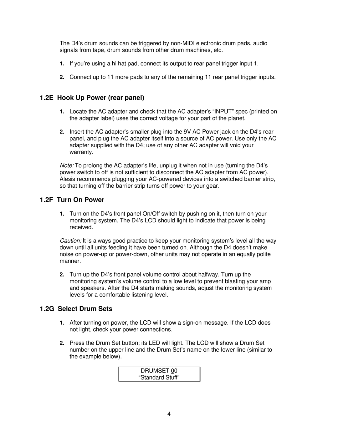 Alesis D4 manual 2E Hook Up Power rear panel, 2F Turn On Power, 2G Select Drum Sets 