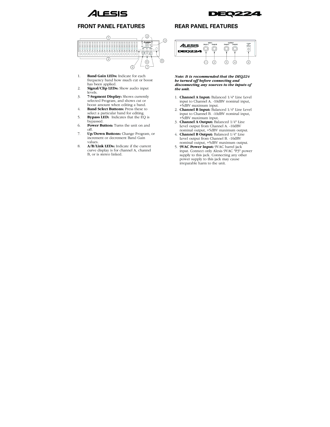 Alesis DEQ224 quick start Front Panel Features Rear Panel Features 