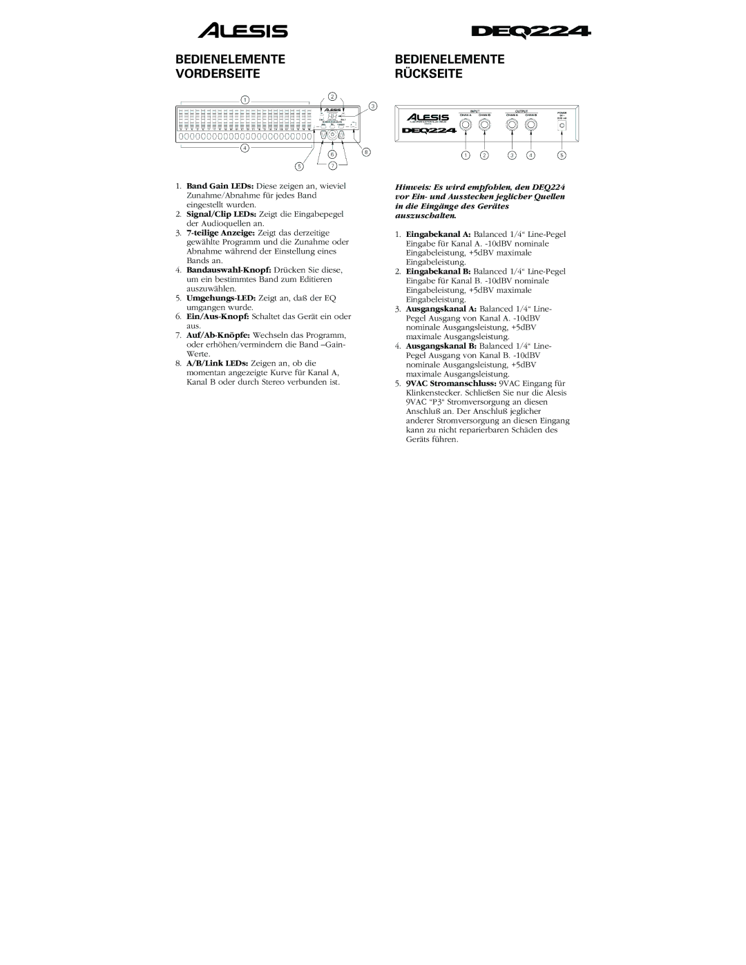 Alesis DEQ224 quick start Bedienelementebedienelemente Vorderseiterückseite 