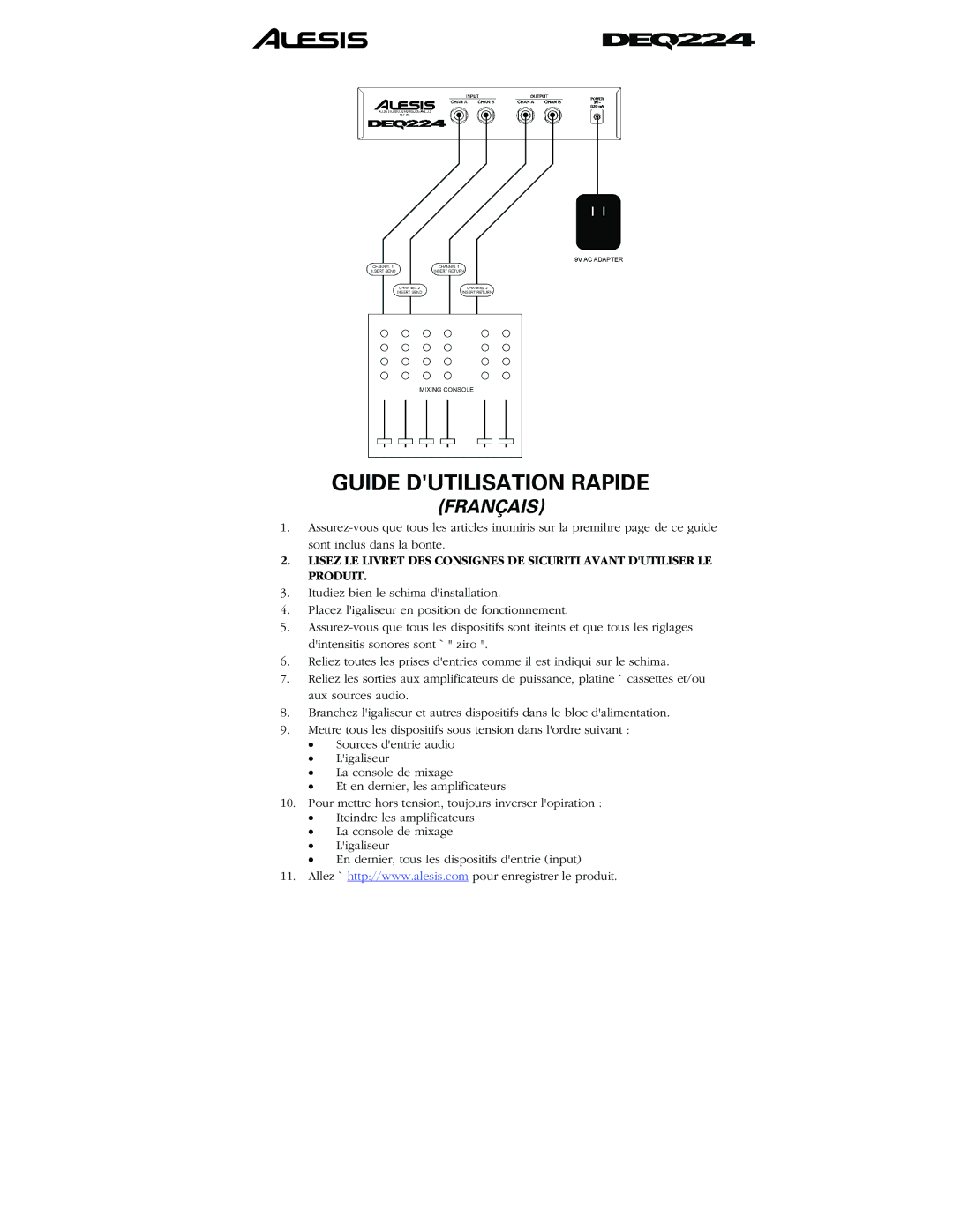 Alesis DEQ224 quick start Guide Dutilisation Rapide 