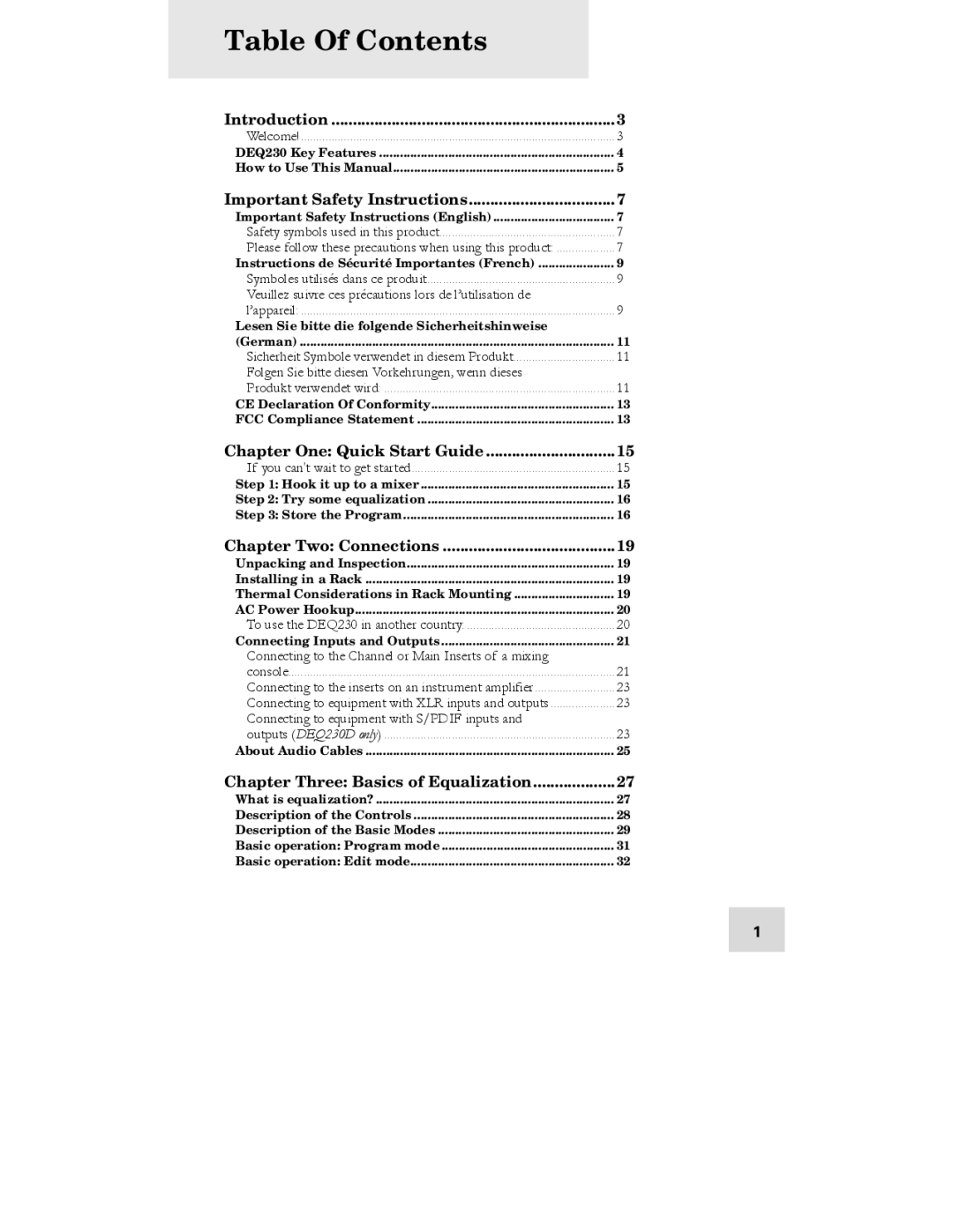 Alesis DEQ230D manual Table Of Contents 