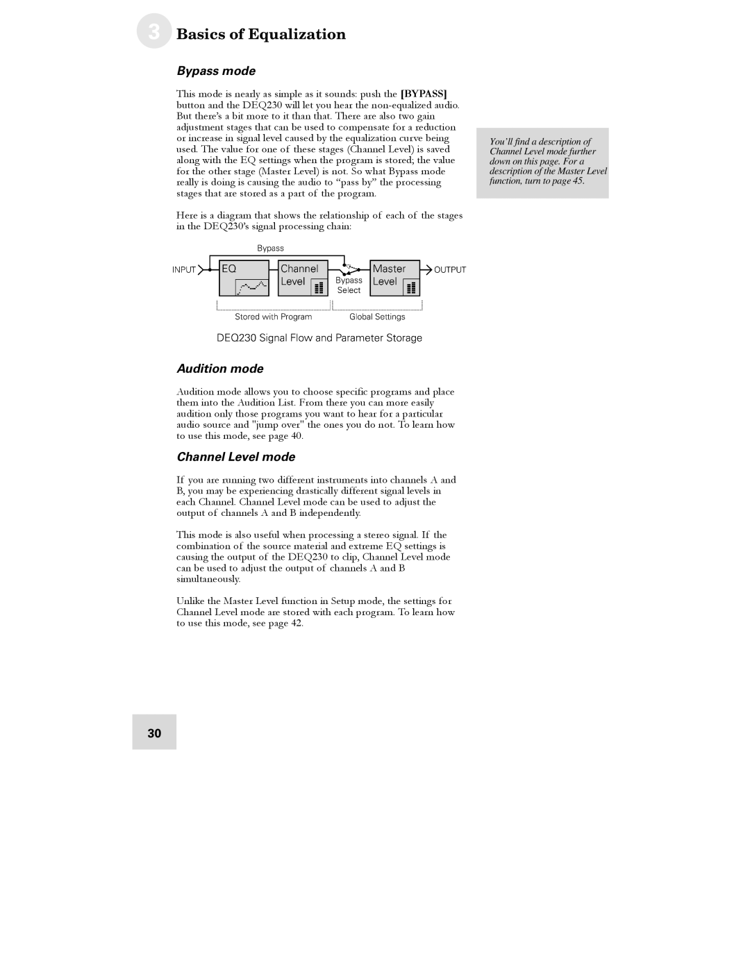 Alesis DEQ230D manual Bypass mode, Audition mode, Channel Level mode 
